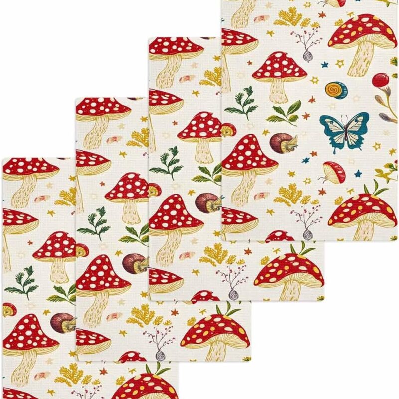 Mushroom Waffle Kitchen Hand Towels Set of 4,Vintage Butterfly Flower Fruit Plant Spring Super Absorbent & Quick Dry Hair Dish Bath Tea Golf Microfiber Towel,Soft Cleaning Washcloth,15.7"x23.6"