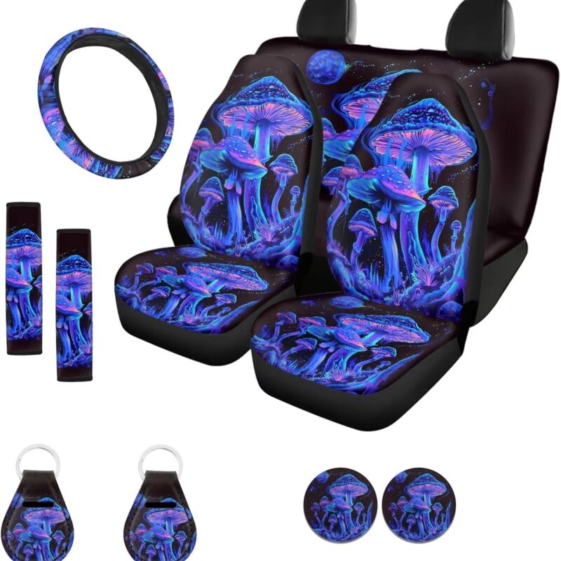 ZFRXIGN Mushroom Car Seat Cover Full Set Universal Front Rear Bench Bucket Seat Cover Car Accessories Steering Wheel Cover Seatbelt Strap Cover Auto Coasters+ Keychains Trippy Galaxy Purple Blue