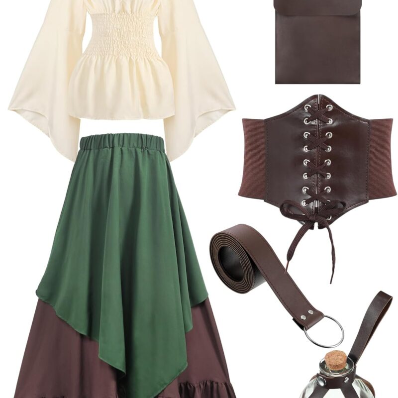 Hillban Women Medieval Renaissance Dress Costume Halloween Blouse Top Skirt Pouch Corset Belt Bottle