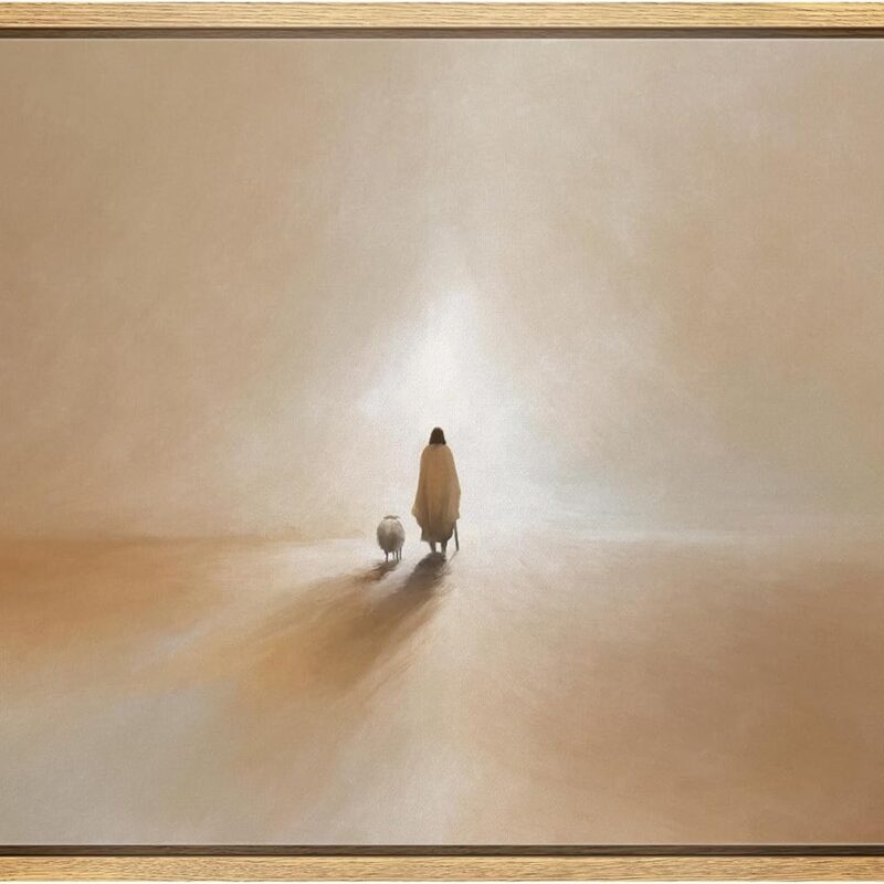 MUDECOR Framed Canvas Print Wall Art Jesus and Lamb Journey in The Mist Vintage Classic Illustrations Fine Art Decorative Zen Multicolor Country/Farmhouse Retro for Bedroom - 16"x24" Natural