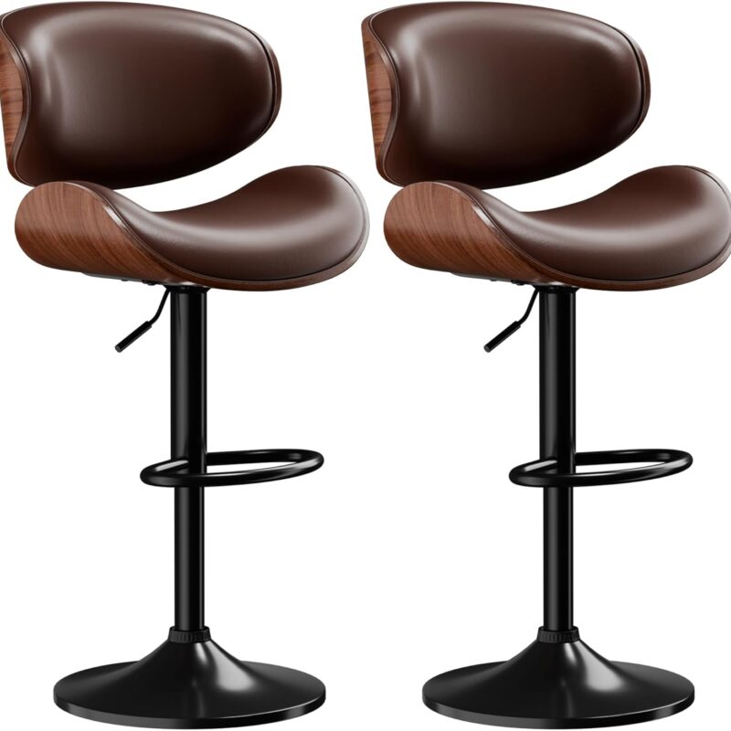 Bar Stools Set of 2, Adjustable Swivel Leather Bar Stools for Kitchen Island, Mid Century Modern Counter Height Bar Chairs Barstools with Back & Footrest (Brown)