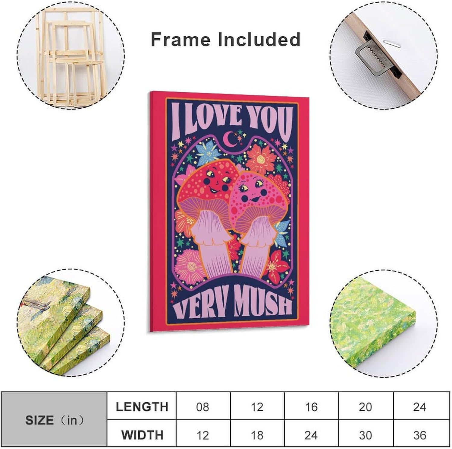 71Ru8c6DexL._AC_SL1500_.jpg Iisrar I Love You Very Mush Print - Mushroom Valentines - Anniversary - Friendship Canvas Wall Art Print Poster For Home School Office Decor Frame 16x24inch(40x60cm) - Image 3