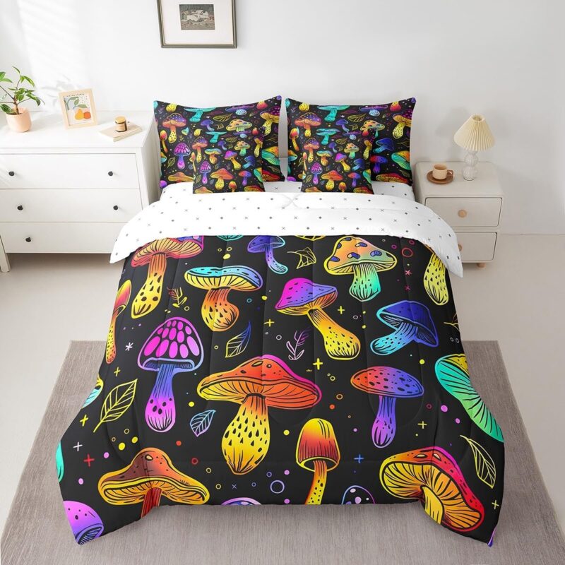 7 Pieces Mushroom Comforter Set Full, Colorful Psychedelic Mushroom Bed Set for Kids Boys Girls, Botanical Plants Bedding(1 Comforter,1 Fitted Sheet,1 Flat Sheet,2 Pillowcases,2 Throw Pillow Cover)