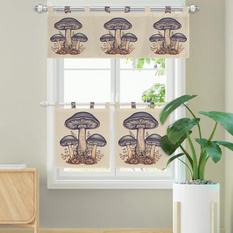 Light Filtering Kitchen Window Curtains Valances and Tiers Set, Mushroom Leaf Overlay Rod Pocket Curtains Living Room Bedroom Bathroom Valance 3 Piece Set