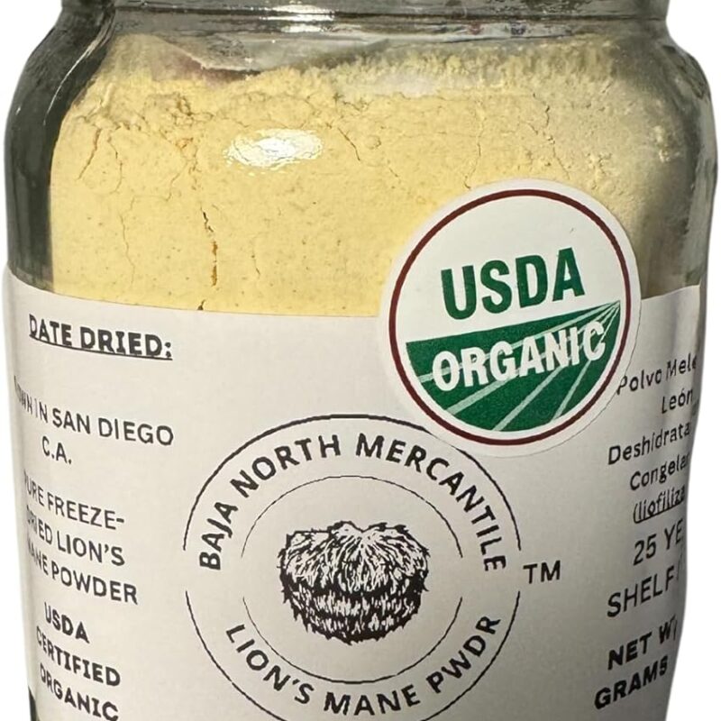 70 Gram Pint Glass Jar | CLEAN and Pure Lion's Mane Shroom Powder | USDA Organic| From Fruiting Bodies | Vacuum Sealed | 25 Year Shelf Life Zero Fillers or Junk | for Capsules or use as food Additive
