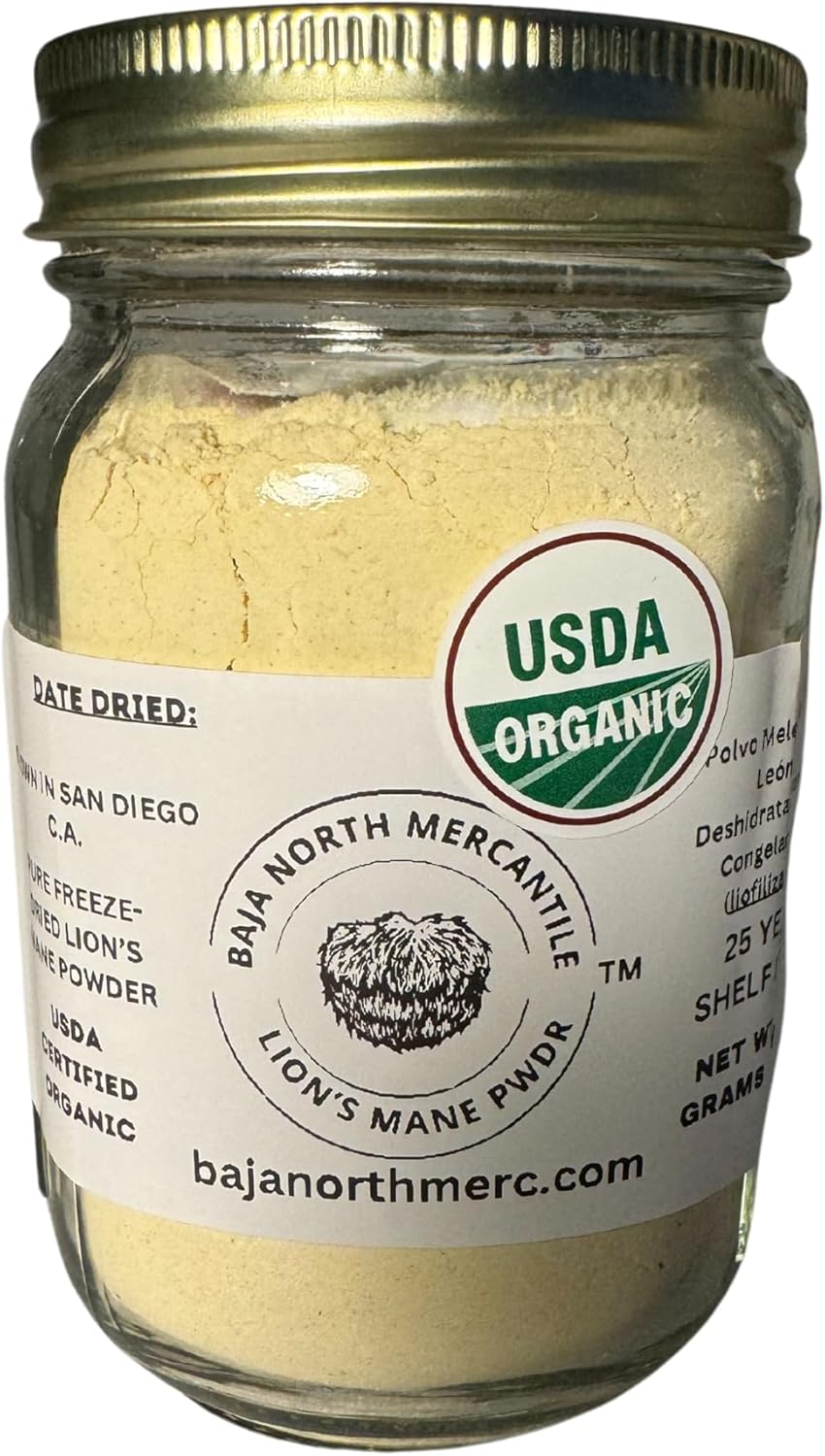 71So9R8HjVL._AC_SL1500_.jpg 70 Gram Pint Glass Jar | CLEAN and Pure Lion's Mane Shroom Powder | USDA Organic| From Fruiting Bodies | Vacuum Sealed | 25 Year Shelf Life Zero Fillers or Junk | for Capsules or use as food Additive