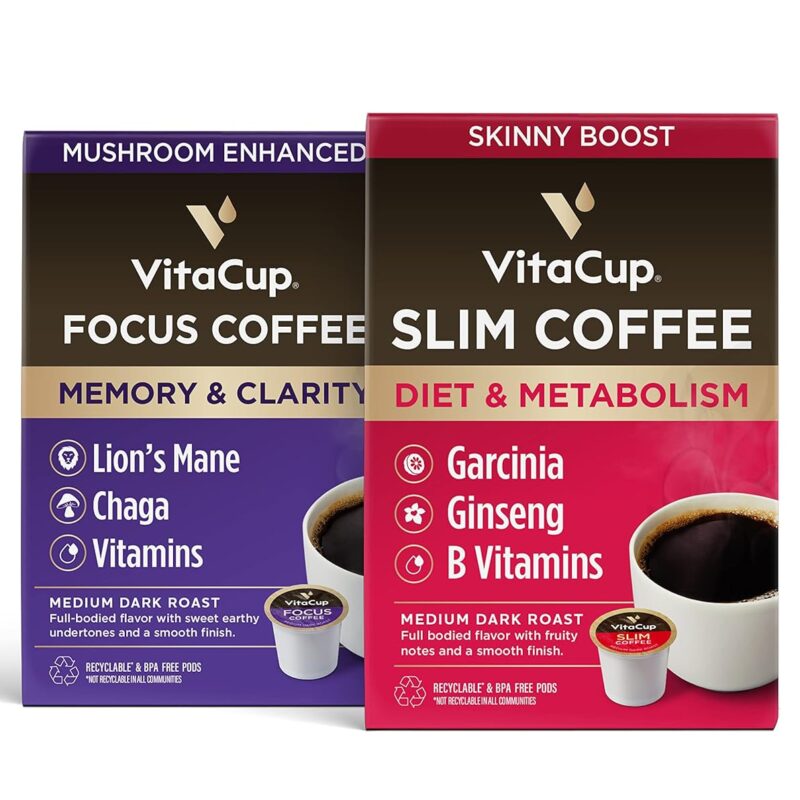 VitaCup Focus & Slim Coffee Pods, Boost Focus & Immunity w/Lions Mane, Chaga, B Vitamins, D3 16CT | Boost Diet & Metabolism with Ginseng, Garcinia, B Vitamins 16ct
