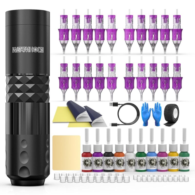 Wormhole Tattoo 78PCS Wireless Tattoo Gun Kit with 1,500 mAh Capacity Battery, Tattoo Cartridge Needles with Finger Ledge, Complete Tattoo Kit for Beginners and Tattoo Artists WTK294- Black