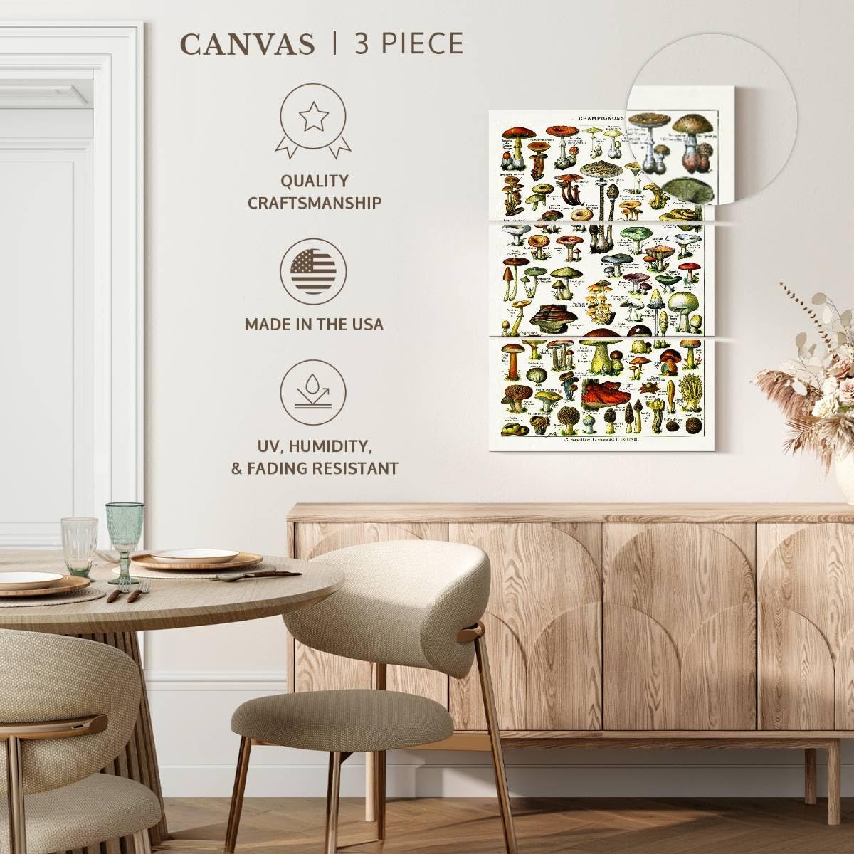 71UadwOV5L._AC_SL1200_.jpg Elephant Stock - Mushroom Varieties Wall Art - Vertical Multi Panel Canvas - 3 Piece Living Room Wall Decor - Digital Art Food And Drink Multi Piece Wall Art - Gray And Beige Decor - 14" x 23" - Image 5