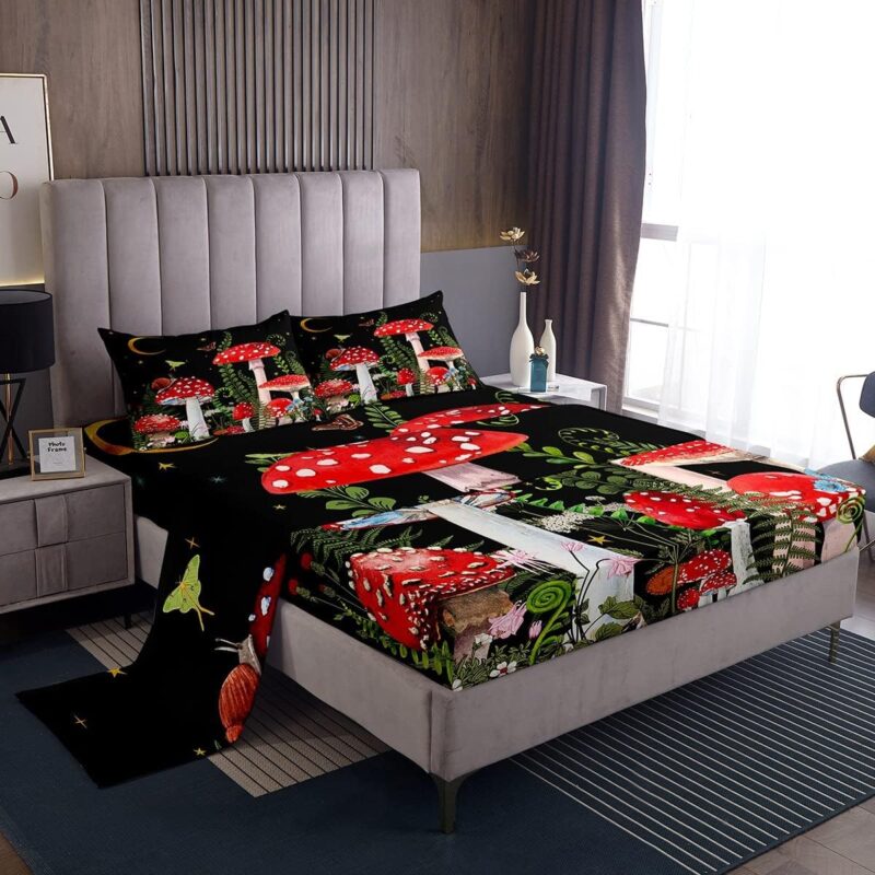 Castle Fairy Red Mushroom Fitted Sheet Set with 2 Pillowcase,Magical Plant Snail Bed Sheet Teens,Jungle Botanical Top Flat Sheet Luxury Microfiber,Queen Size