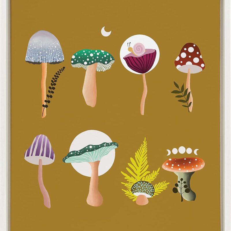 Kate and Laurel Sylvie Mushroom Garden Framed Canvas Wall Art by Erika Wynn, 18x24 White, Decorative Nature Art for Wall