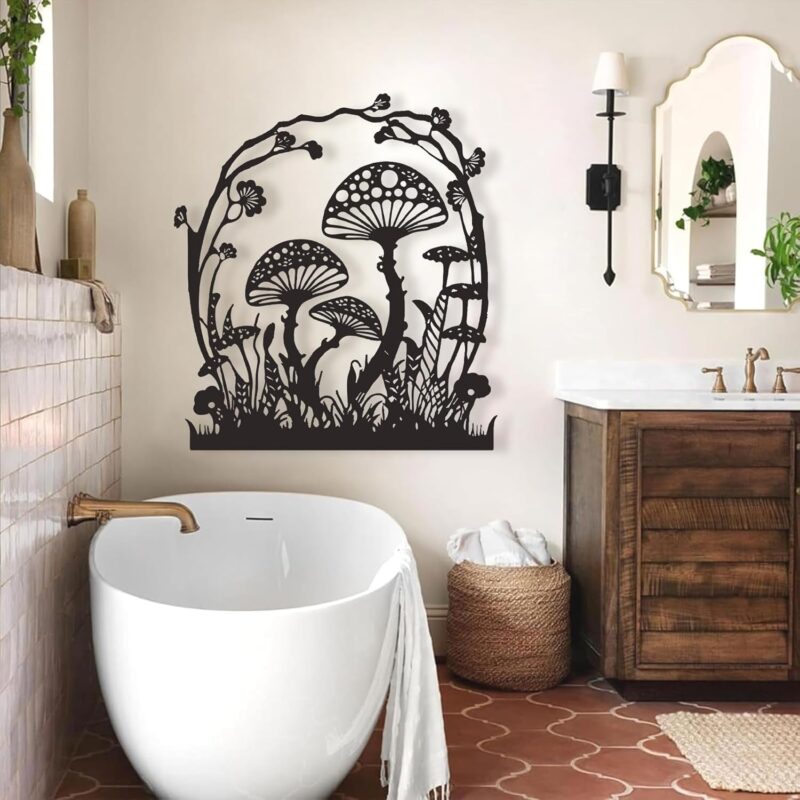 Mushroom Metal Wall Art, Beautiful Mushrooms Metal Art, Fungus Metal Decor, Natural Metal Wall Art, Home Wall Hangings, Cute Kitchen Wall Decor, Mothers Day Gifts (24 x 21 inch | 60 x 54 cm, Black)