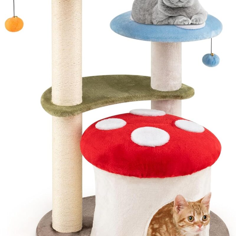 PETSITE Mushroom Cat Tree, Multi-Level Cute Cat Tree Tower with Sisal Scratching Posts, Cat Condo, Soft Plush Perches, and Dangling Toys for Indoor Cats (35 Inch)