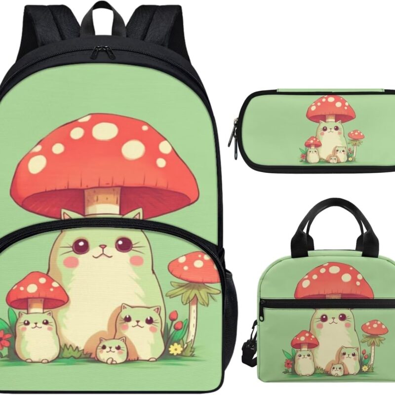 ZOUTAIRONG Cat Mushroom Backpack and Lunchbox Set Elementary Kids School Bag American Afro Girl Lunch Box Pencil Case,Kids Bookbag 17inch Outdoor Back Pack (Green)