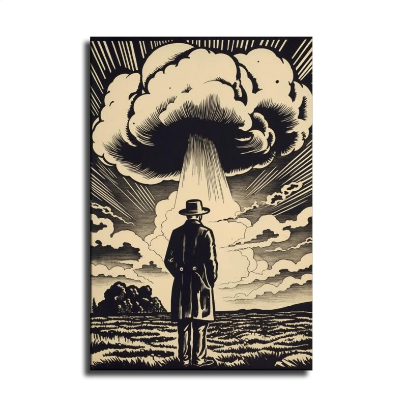 Man Looking at Mushroom Cloud After Nuclear Bomb Explosion Original Design Canvas Wall Art Poster Unique Modern Home Decorations Living Room Office Bedroom Decor Gift (16x24inch Framed)