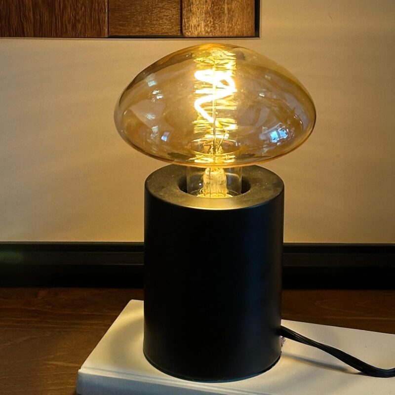 E26 Dimmable Mushroom Cordless Amber Bedside Lamp, 1W 2700K Decorative Nightstand Lamp, USB Rechargeable with Black Metal Base 5V, Portable E26 Lamp, Gift for Children, Home Decor