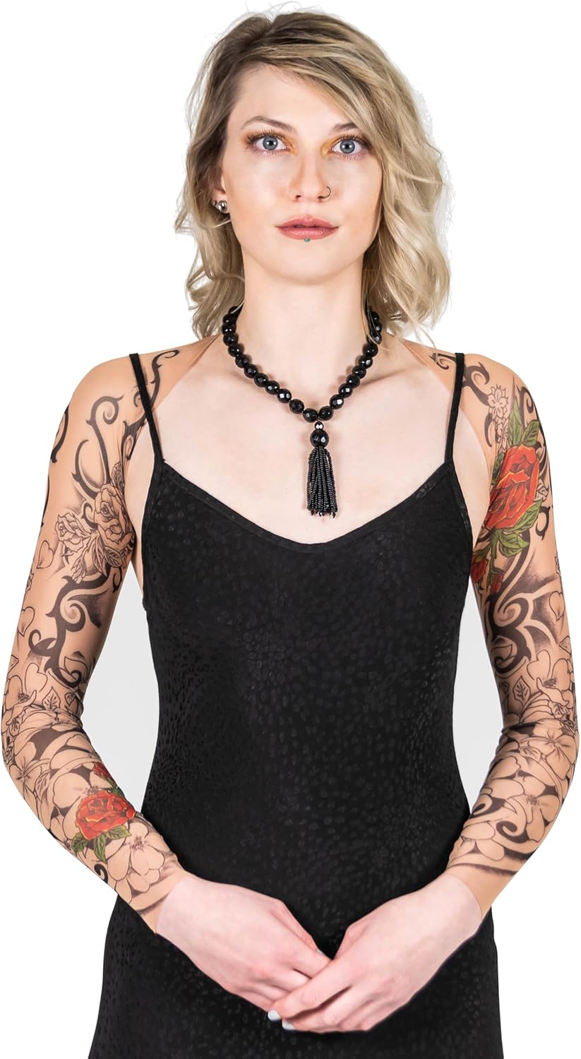 71YC1JHBH7L._AC_SL1500_.jpg Wild Rose Ladies Tattoo Sleeve Shrug Connected Mesh Sleeves, Flamenco Red Rose - Image 4