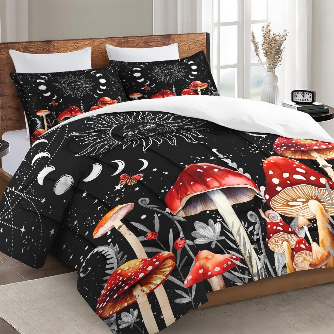 71Z9Ez5-GhL._AC_SL1100_.jpg Full Size Comforter Set with 2 Pillowcases, Sun Moon Boho Mushroom 3 Pcs Bedding for Kids and Adults, Astrology Tarot Witch Soft Comforter Set for Bedroom Bed Decor - Image 3