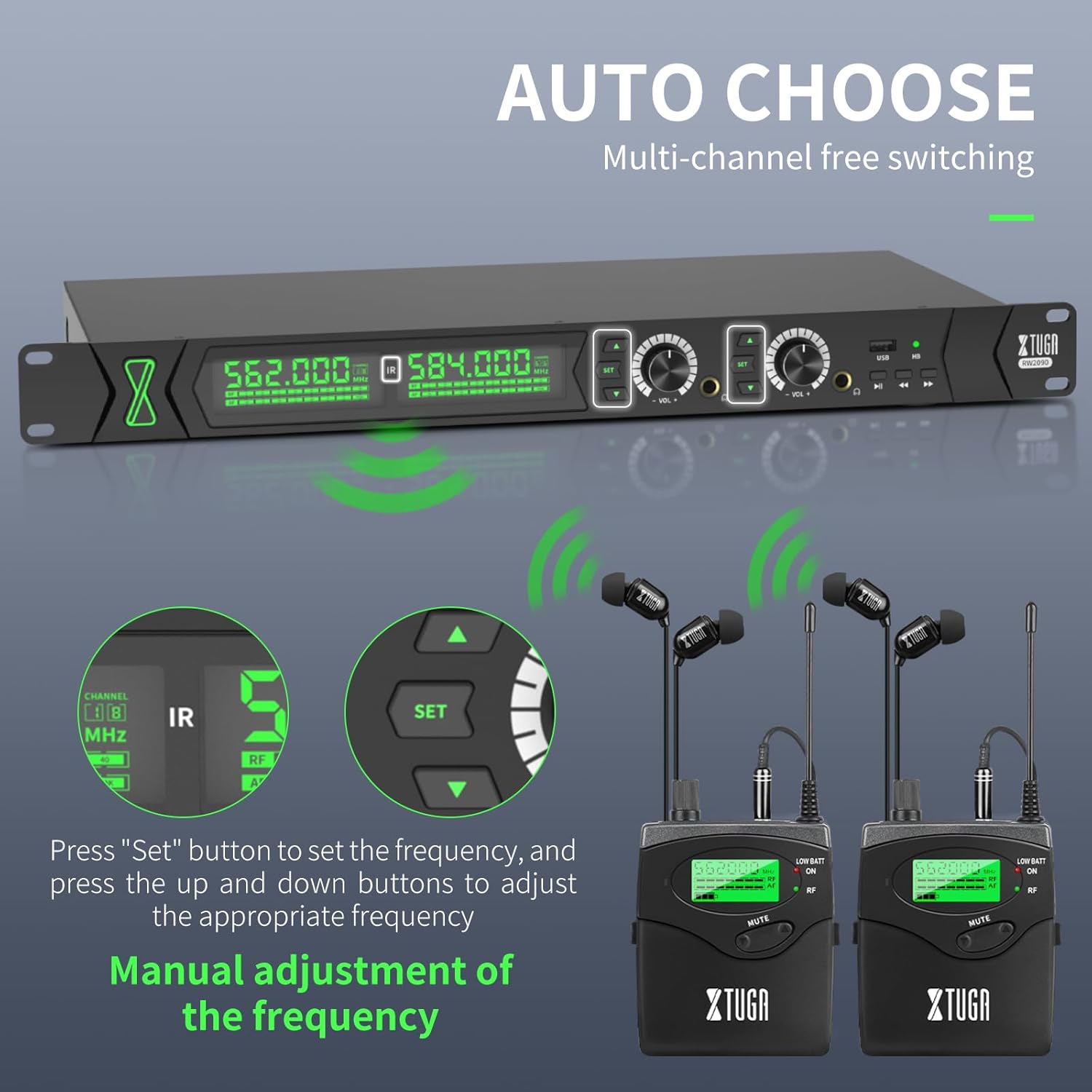 71adNM-z7ML._AC_SL1500_.jpg XTUGA RW2090 Wireless in Ear Monitor Systems, 2 * 100 Frequencies with 4 Bodypacks, Mono Channel IEM Monitoring, 230ft(70m) Operation,Bluetooth Earphone Fit for Stage, Studio and Band - Image 2