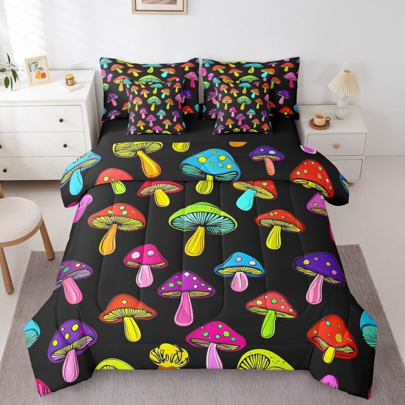 Erosebridal Colorful Mushroom 7 Piece Comforter Set Full Bed in a Bag,Iridescent Mushrooms Bedding Sets Bohemian Colored Natural Wild Plants Sheet Set,Cute Kawaii Farmhouse Botanical Bed Set