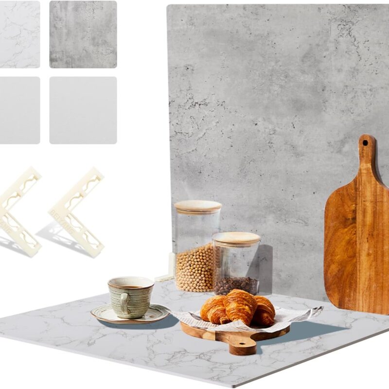 2 PCS 4 Pattern Boards Photo Backdrop for Flat Lay, Food Photography Background 24x24 Inch, BEIYANG (Marble+Light Gray)