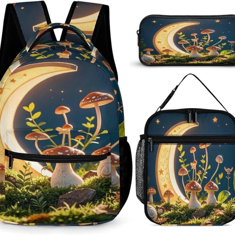 Backpack Lunch Bag Pencil Pouch Set, Mushroom Moon And Stars Print Lightweight & Durable 3-Piece Combo Ideal for Work, And Travel
