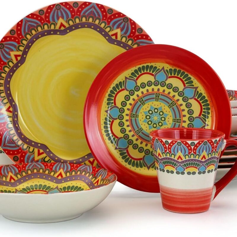 Elama Zen Red Mozaik Multicolored Round Stoneware Mandala Pattern Dinnerware Set, 16 Piece