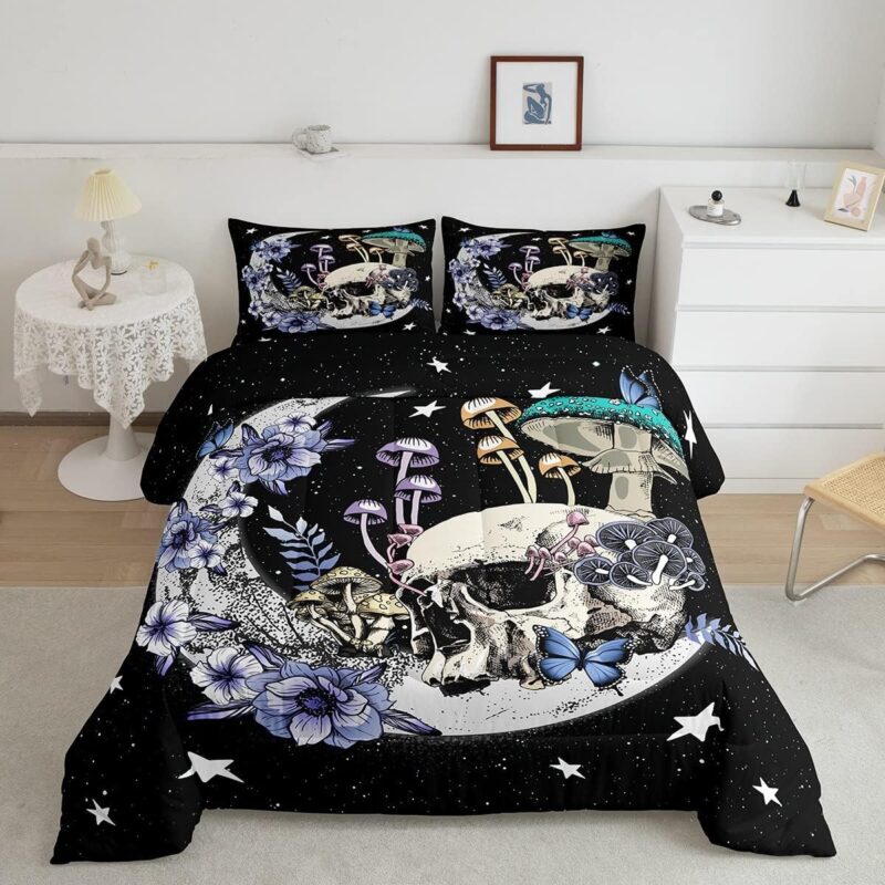 Star Moon Comforter Set Full Size Mushroom Sugar Skull Bedding Set 3pcs for Kids Girls Boys Youth Bedroom Decor Exotic Plants Quilted Duvet Purple Flower Butterfly Duvet Insert,2 Pillowcases
