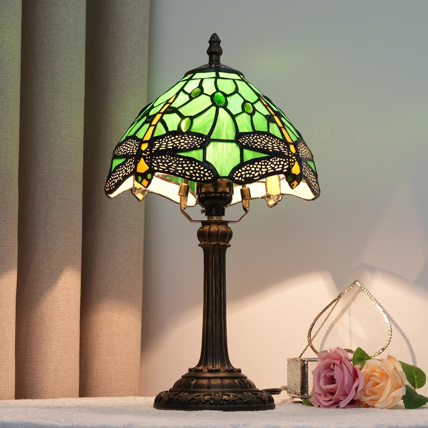 71c3ijrQuXL._AC_SL1500_.jpg Tiffany Lamp Green Dragonfly Stained Glass Table Lamp 8X8X14 Inches Green Dragonfly Style Desk Reading Light Decor Beside Bedroom Living Room Home (H1057-Green Dragonfly) - Image 8