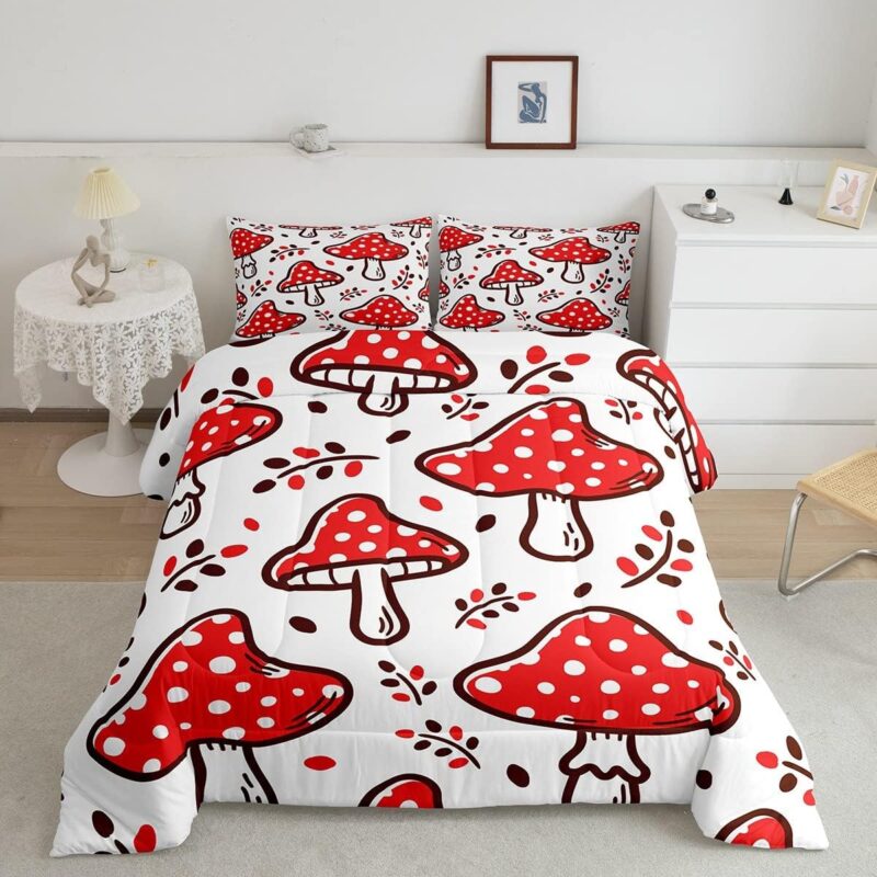 Feelyou Cute Mushroom Comforter Cartoon Mushrooms Bedding Set for Kids Boys Girls Teens Decor Kawaii Fungus Red White Comforter Set Wild Mushroom Stuff Duvet Set Room Decor Quilt Set Twin Size