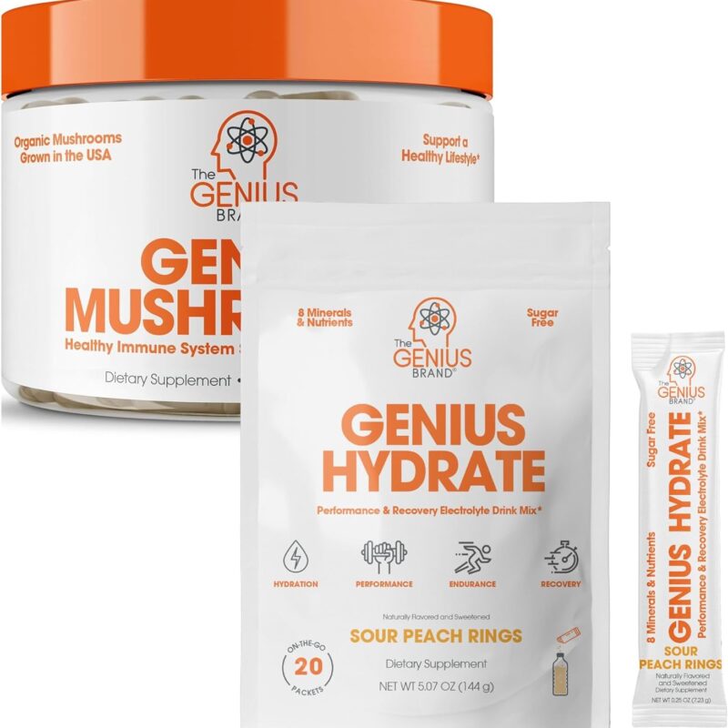 The Genius Brand Hydration & Wellness Bundle - Sour Peach Rings Hydrate Stick Pack Powder Drink Mix & Mushroom Supplement Capsules - Natural Electrolyte Booster & Nootropic System Support