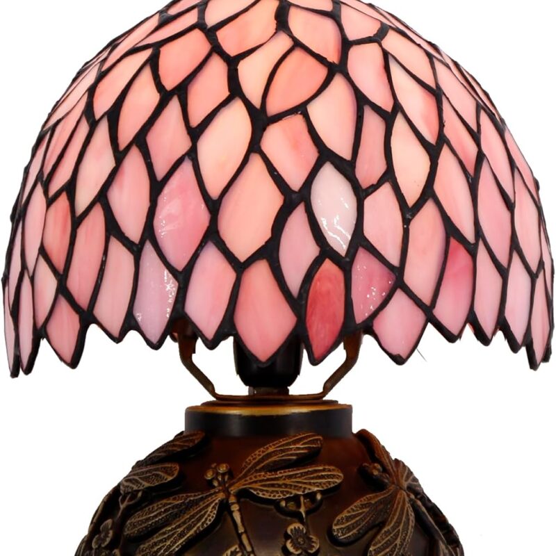 WERFACTORY Small Tiffany Lamp Desk Pink Wisteria Style Stained Glass Mushroom Table Lamp Bronze Mini Accent Lamp W8H11 Inch S523P Series