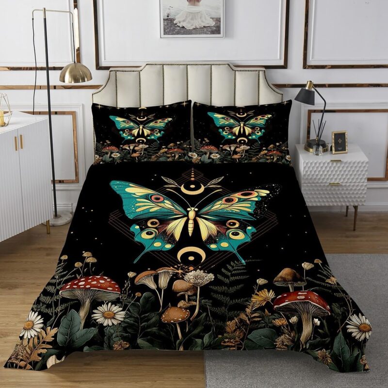 Erosebridal Butterfly Bedspread Set Twin Size,Sun Moon Bedding Set for Kids Boys Girls,Gothic Moth Wildlife Coverlet Set,Mushroom Wild Plants Starrry Sky Stars Bed Set,Green