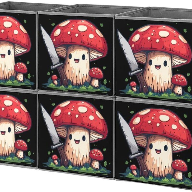 Mushroom with A Knife Foldable Storage Cubes Organizers Storage Bins Cute Storage Baskets with Handles 6PCS