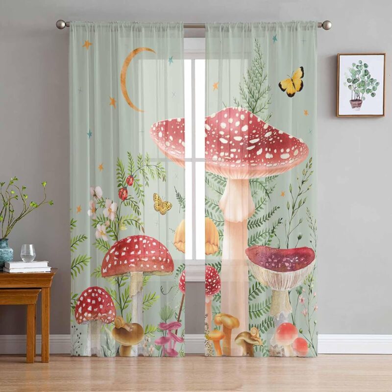 Mushroom Sage Green Sheer Curtains 84 Inch Length 2 Panels Set, Semi Transparent Voile Rod Pocket Curtains for Living Dining Room Bedroom Drapes Country Pastoral Botanical Herbs