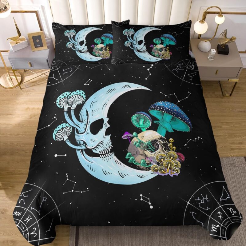 Sleepwish Mushroom Moon and Skull Queen Bedding Blue and Black Space Mushroom Comforter Cover for Kids Boys 3 Piece Trippy Mushroom Duvet Cover Sets (Queen)