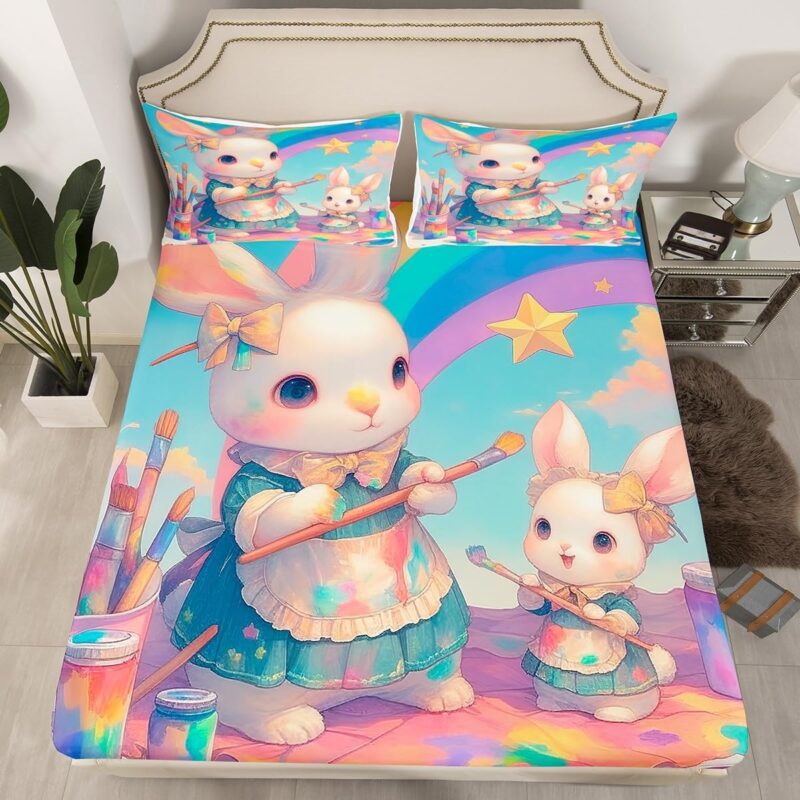 Rabbit Painting Bed Sheet Set Cute Garden Animal Watercolor Drawing Theme Fitted Sheet for Ultra Soft Starry Rainbow Sky Fantasy Bedding Cover Set Queen Size(No Flat Sheet)