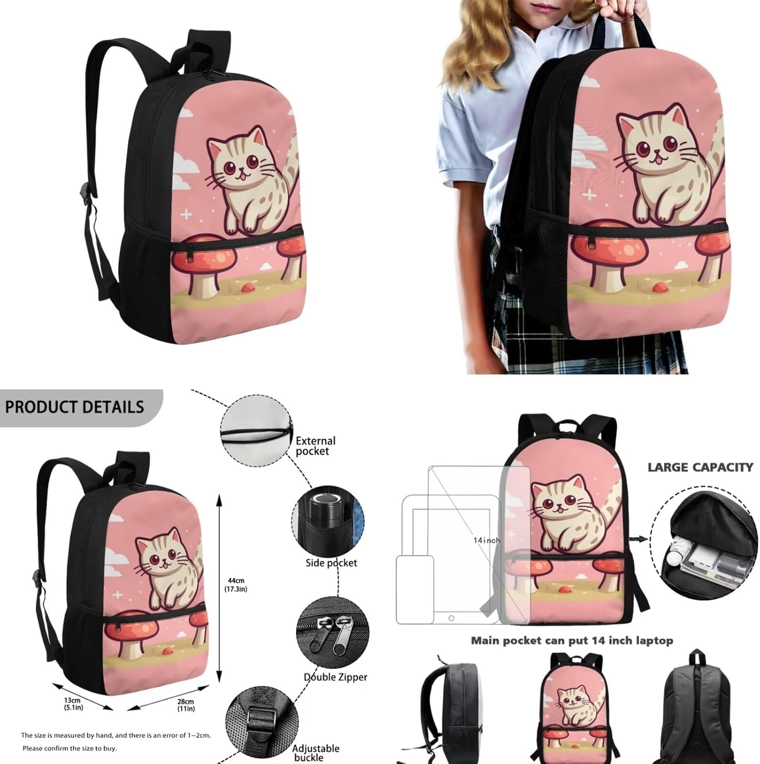 71fzeD6HrYL._AC_SL1500_.jpg Cute Cat Mushroom Backpack for Girls Bookbags for Teens Kid Elementary Middle High Student, Lightweight School Bag Shoulder bag with Lunch Bag Pencil Case Water Bottle Sleeve - Image 3