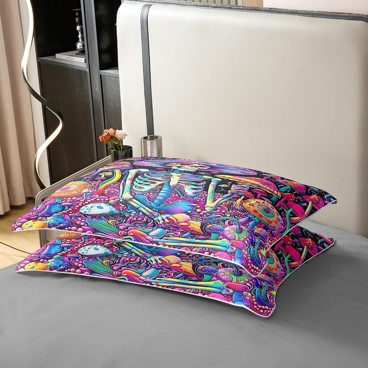 71ggHbpQ8uL._AC_SL1200_.jpg Trippy Mushroom Skull 100% Cotton Duvet Cover Queen Boho Jungle Botanical Bedding Set for Kids Halloween Sugar Skeleton Comforter Cover Cute Mushrooms Quilt Cover with 2 Pillowcases(Not Comforter) - Image 5