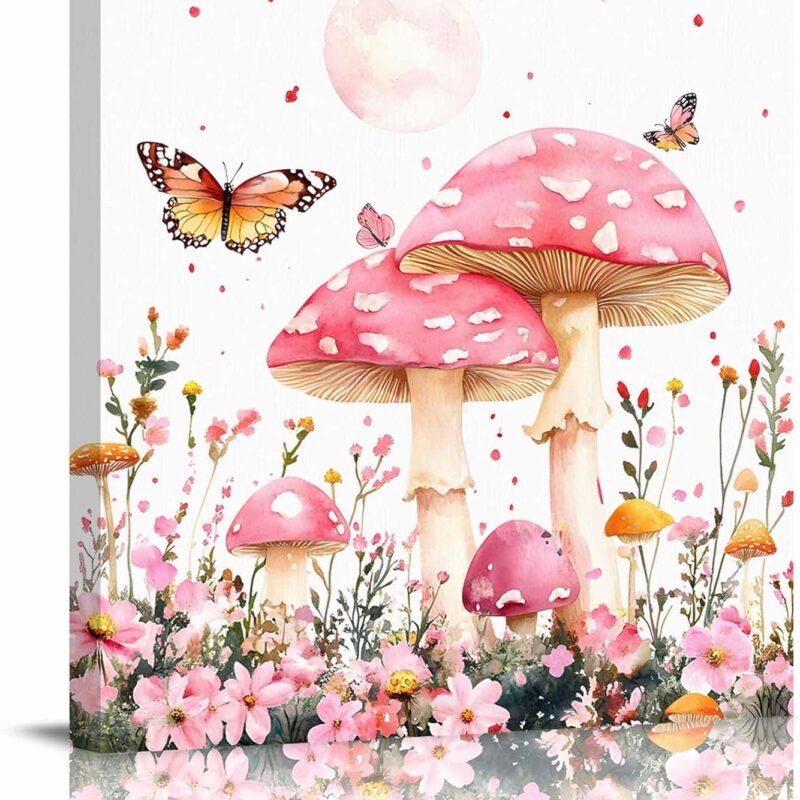 Abstract Canvas Wall Art for Living Room Bedroom Butterfly Mushroom Flower Fairy Tale World Pink Romantic Wall Paintings Framed Prints Pictures Home Decorations, Ready to Hang, 20''x20''