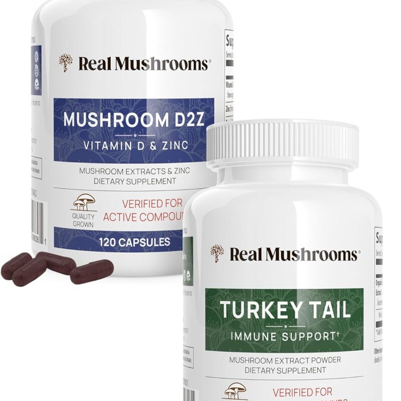 Real Mushrooms Vitamin D2, Zinc, Chaga, Reishi (120ct) and Turkey Tail (90ct) Bundle - Natural Immune Strength Supplement with Highest Levels of Beta-Glucans - Vegan, Gluten Free, Non-GMO