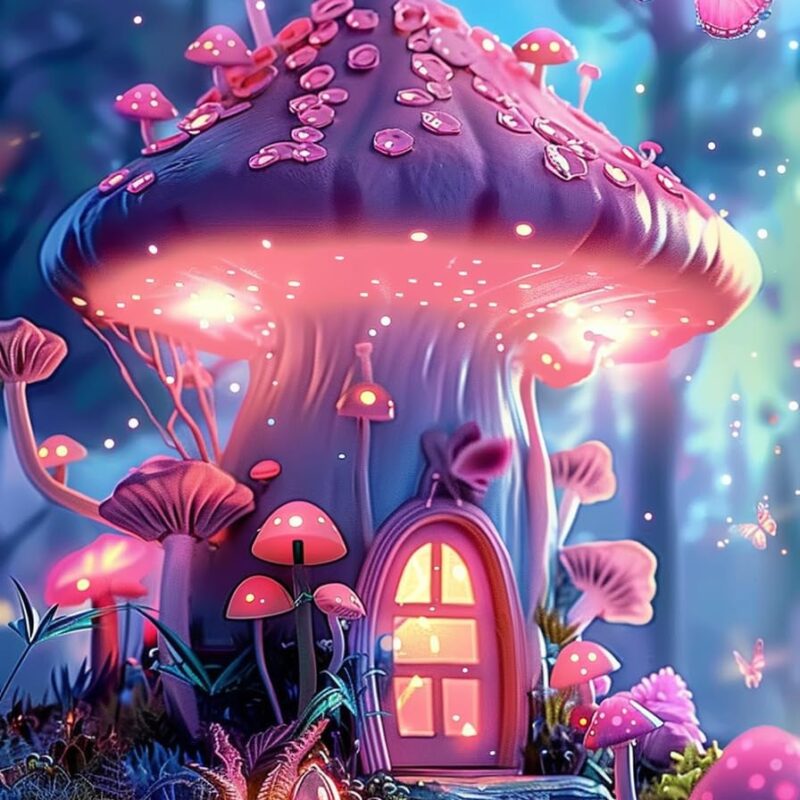 Pink Mushroom House in Forest Art Painting Print Painting HD Waterproof Canvas Wall Art Framed Canvas For Living Room Bedroom (24x36Inch)