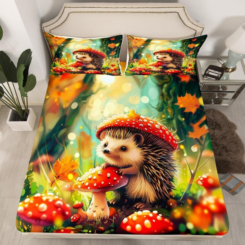 Cartoon Hedgehog Fitted Sheet Queen Size Red Polka Dot Mushroom Bedding Set 3Pcs Kawaii Wild Animal Bed Sheet for Kids Boys Girls Teens Room Decor Rustic Jungle Leaf Deep Pocket Sheet