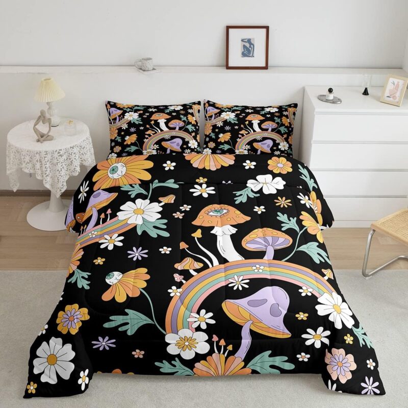 Erosebridal Trippy Mushroom Twin Comforter Groovy Floral Bedding Sets & Collections Cute Rainbow Bedding Two Groovy Party Boho Hippie Mushroom Down Comforter Retro Party Decorations Duvet Set