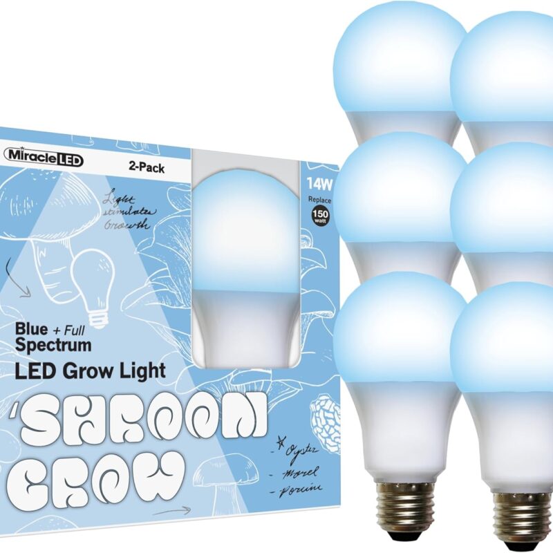 Miracle LED Shroom Grow Indoor LED Grow Bulbs for Oyster, Shiitake, Lions Mane Mushrooms ect. with Absolute Daylight+ Blue Spectrum Replace 150W LED Grow Bulbs (6-Pack)