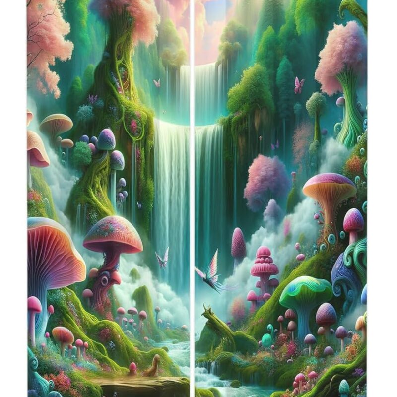 Watercolour Enchanted Forest Mushroom Curtains-Fantasy Fairy Tale Woodland Waterfall Mushrooms Window Curtain Room Darkening Blackout Curtains Thermal Insulated Grommet Curtains 84L x 26W 2 Panels