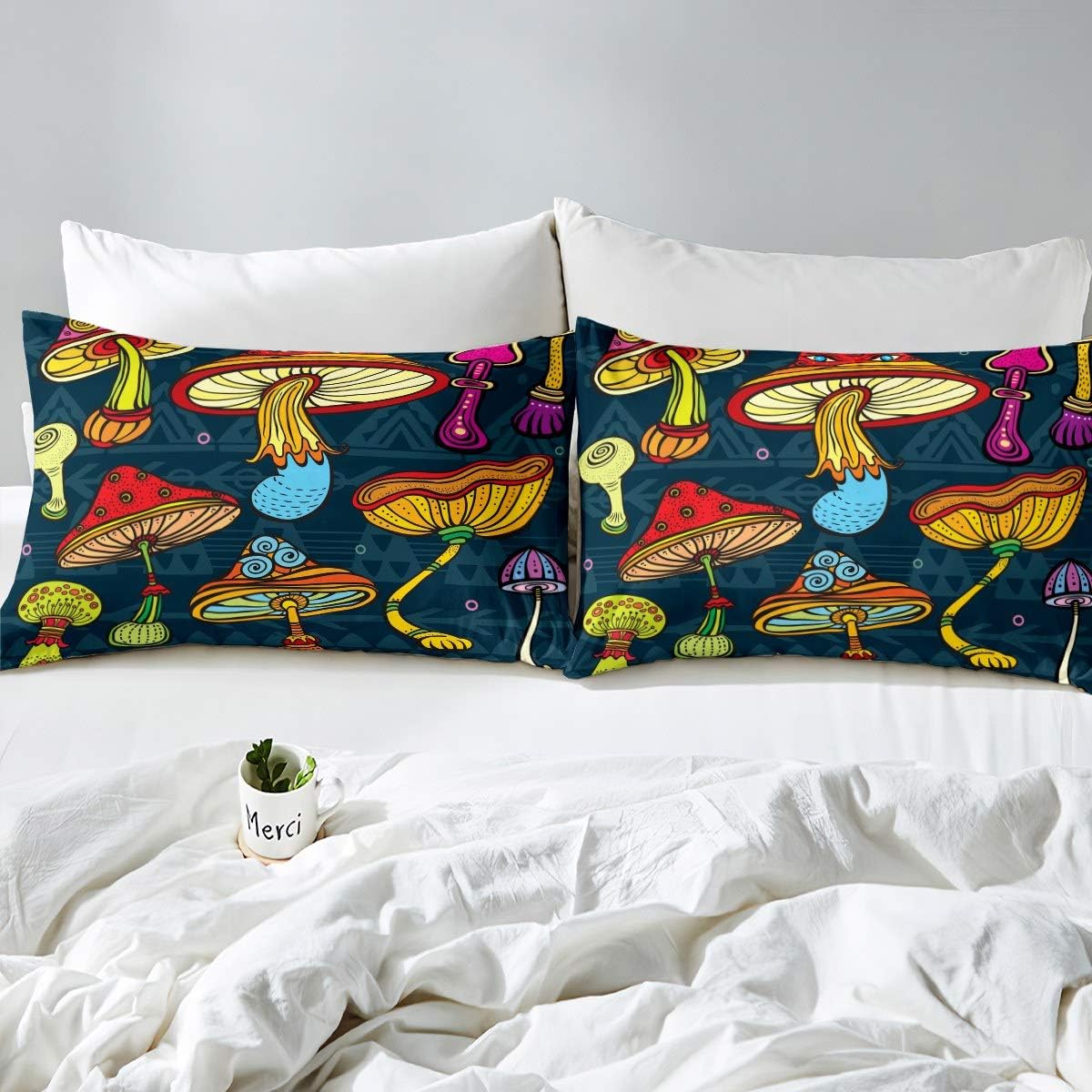 71jeT5racgL._AC_SL1200_.jpg Feelyou Cute Mushrooms Fitted Sheet Botanical Bed Sheet Set Natural Wild Fungus Bedding Kids Queen Size Includes 1 Sheets & 2 Pillowcases (No Flat Sheet) - Image 3