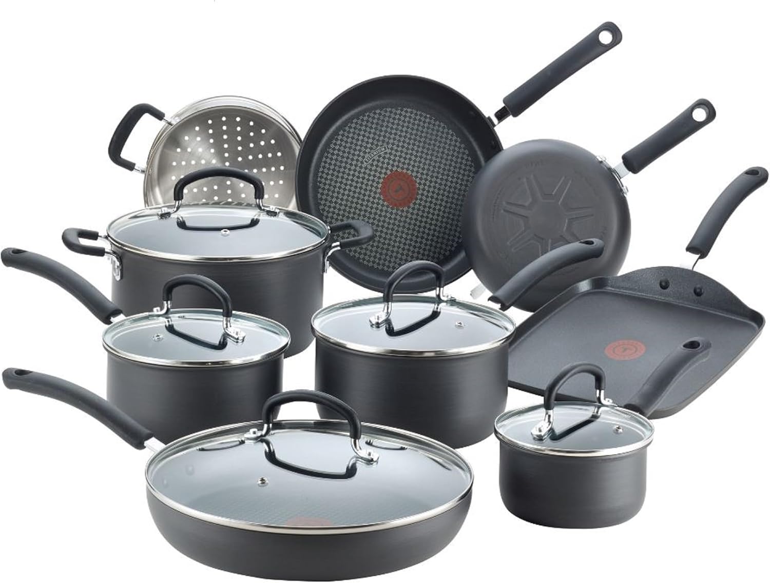 71jjewsnjWL._AC_SL1500_.jpg T-fal Ultimate Hard Anodized Nonstick Cookware Set 14 Piece, Oven Broiler Safe 400F, Lid Safe 350F, Kitchen Cooking Set w/Fry Pans, Saucepans, Griddle, Dutch Oven, Pots & Pans, Dishwasher Safe, Black