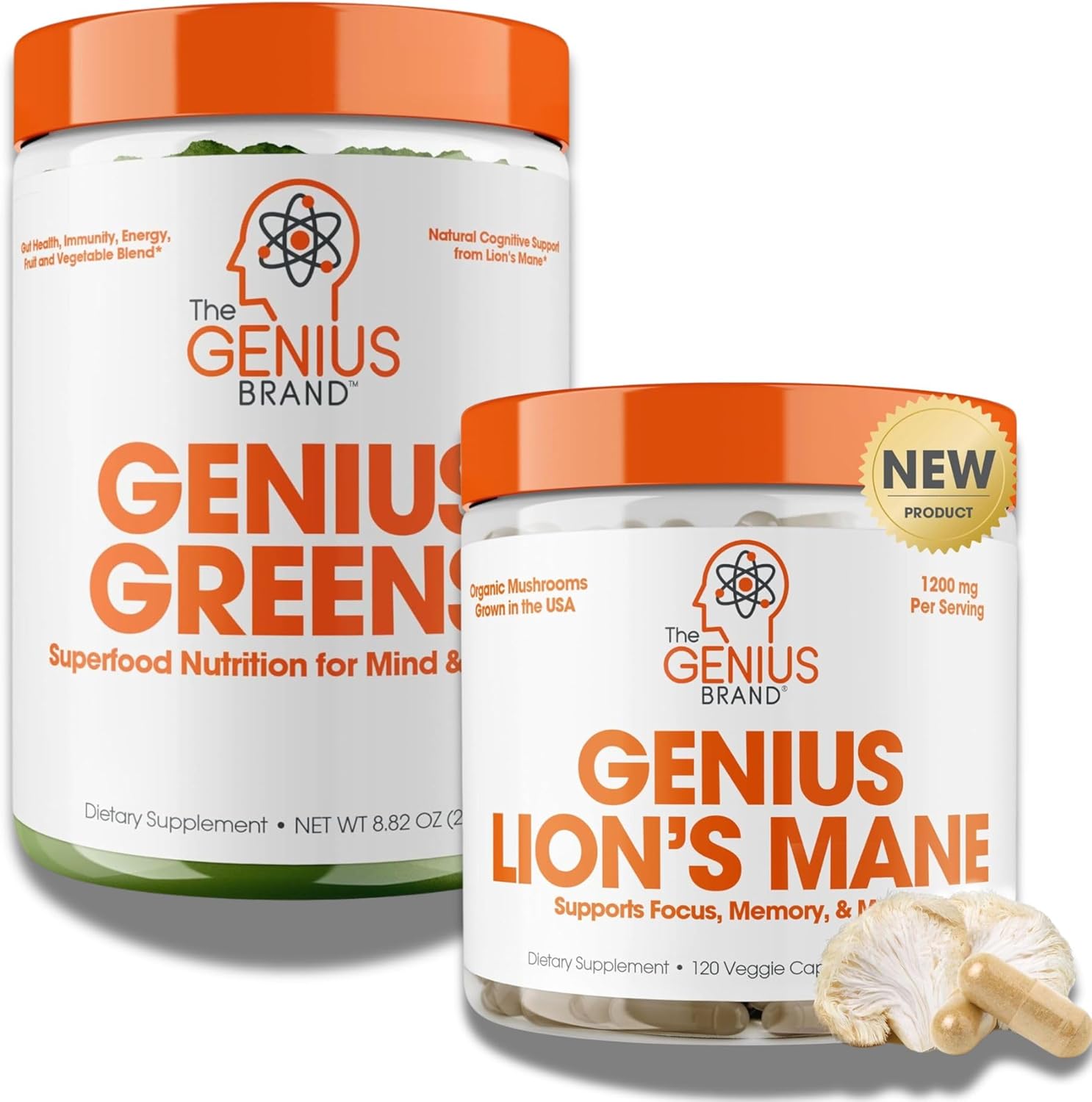 71jn8iu5yoL._AC_SL1500_.jpg The Genius Brand - Mind & Body Wellness Stack : Lion's Mane Capsules for Cognitive Boost + Super Greens for Energy and Immunity