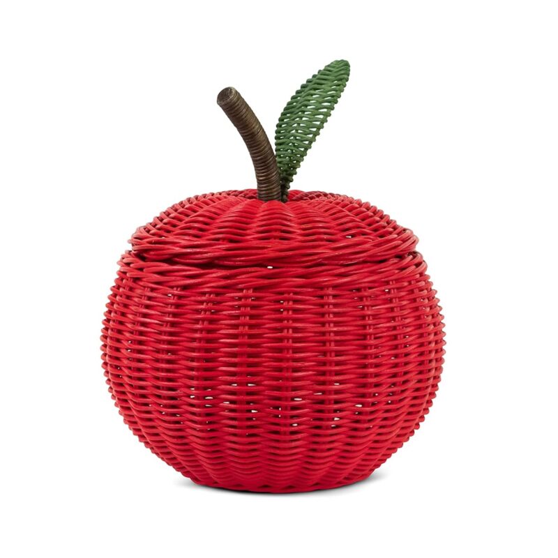 Apple Rattan Storage Basket With Lid Decorative Bin Home Decor Hand Woven Shelf Organizer Cute Handmade Handcrafted Gift Art Decoration Artwork Wicker Apple (Large)